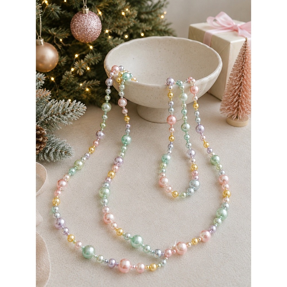 Pastel Faux Pearl Christmas Garland 68" Pink Green Gold Lavender Bead Holiday
